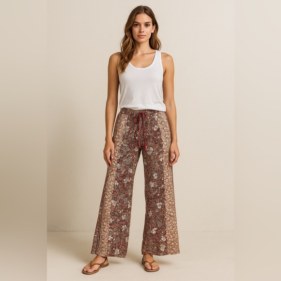 None Pants - Boho Patchwork Print Wide Leg Pants Elastic Waist Lounge Festival Trousers XS